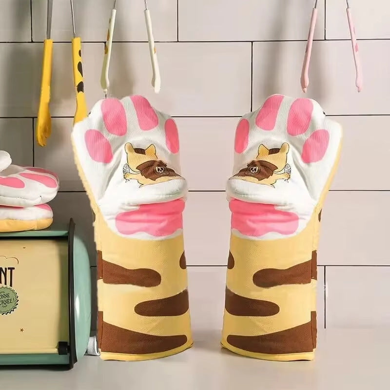 Long Cotton Oven Gloves Cute Cat Paws Insulation Gloves