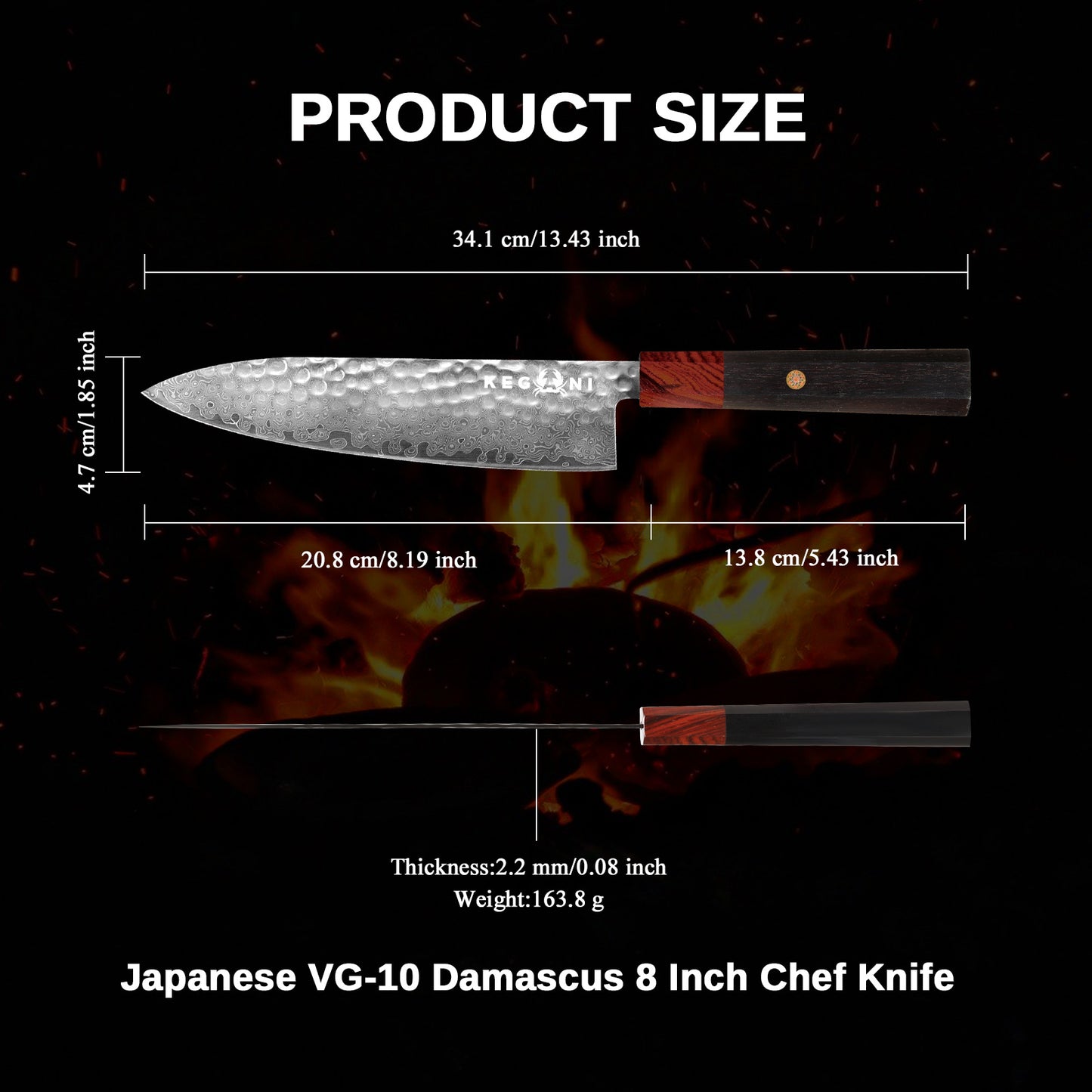 Kegani Damascus Japanese Chef Knife, 67 Layers VG-10 Japanese Knife Natural Hammered Chef Knife Japanese Rosewood Handle