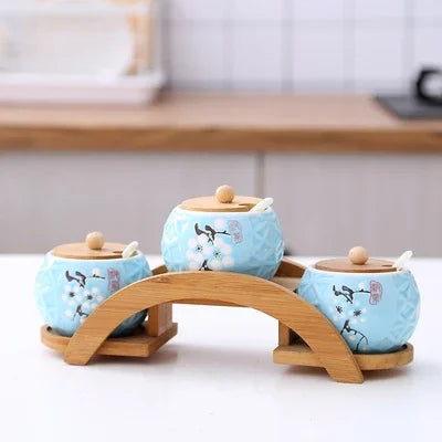 3 Piece Ceramic set with Bamboo Rack