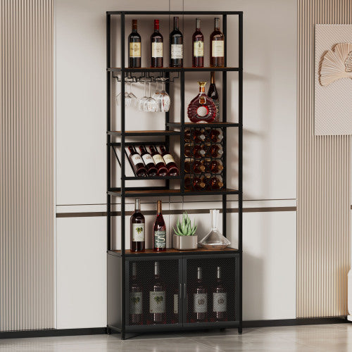 Industrial Vertical Bar Rack With Glass Shelf, Tall Freestanding Floor Bar Cabinet