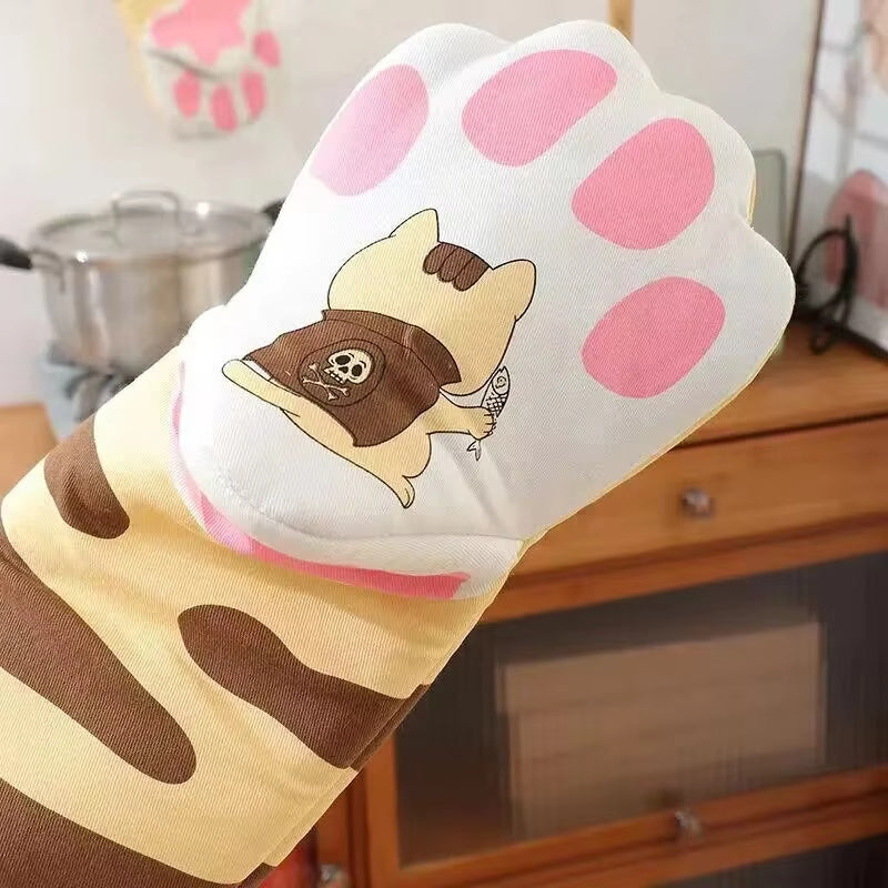 Long Cotton Oven Gloves Cute Cat Paws Insulation Gloves