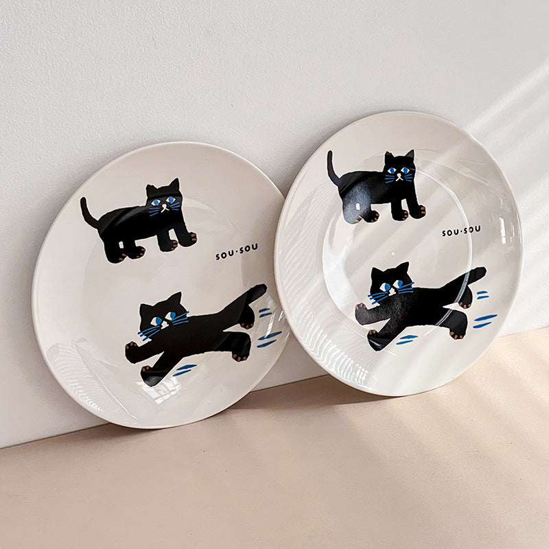 Ceramic Dinner Plate Black Cat Breakfast Household Good-looking Tableware Salad Dish