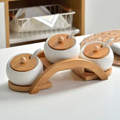 3 Piece Ceramic set with Bamboo Rack