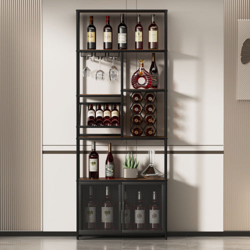 Industrial Vertical Bar Rack With Glass Shelf, Tall Freestanding Floor Bar Cabinet