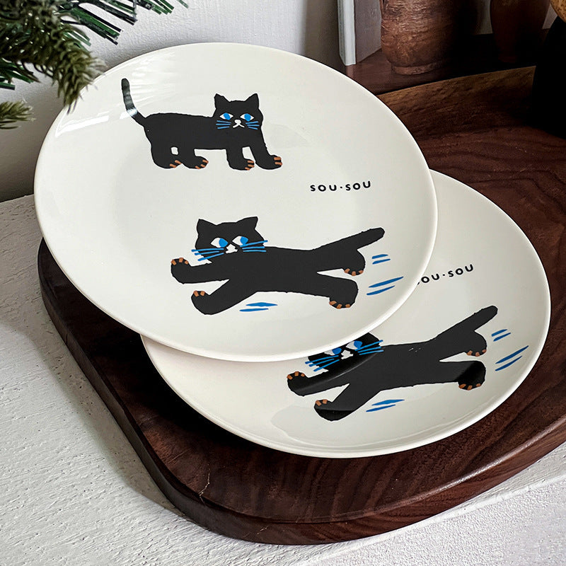 Ceramic Dinner Plate Black Cat Breakfast Household Good-looking Tableware Salad Dish