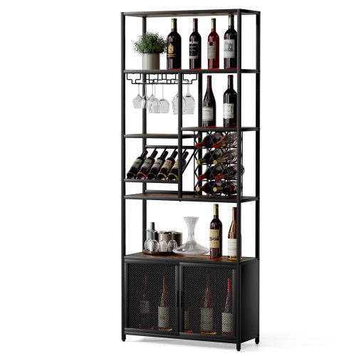 Industrial Vertical Bar Rack With Glass Shelf, Tall Freestanding Floor Bar Cabinet