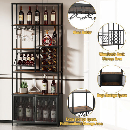 Industrial Vertical Bar Rack With Glass Shelf, Tall Freestanding Floor Bar Cabinet