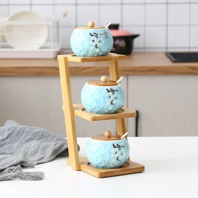 3 Piece Ceramic set with Bamboo Rack