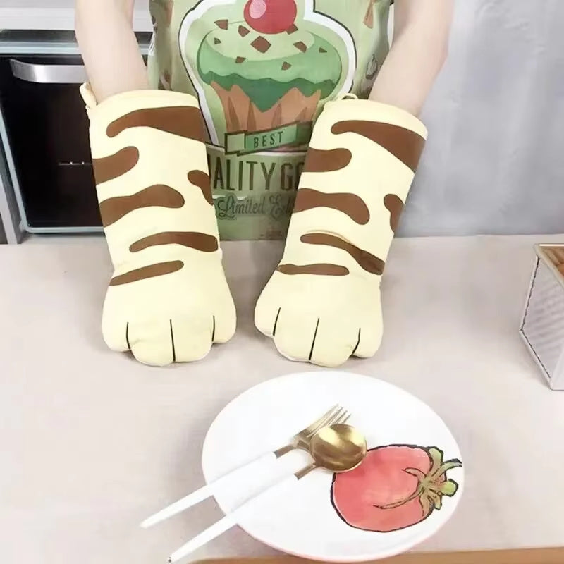 Long Cotton Oven Gloves Cute Cat Paws Insulation Gloves