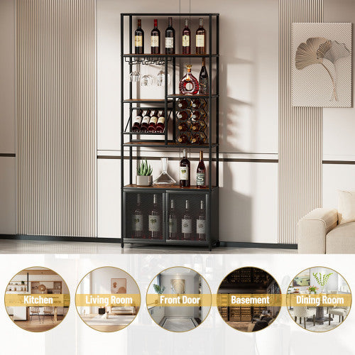 Industrial Vertical Bar Rack With Glass Shelf, Tall Freestanding Floor Bar Cabinet