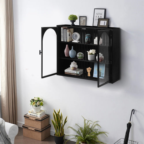 Modern Two-door Wall Cabinet with Glass Door with Characteristic Woven Pattern, Black