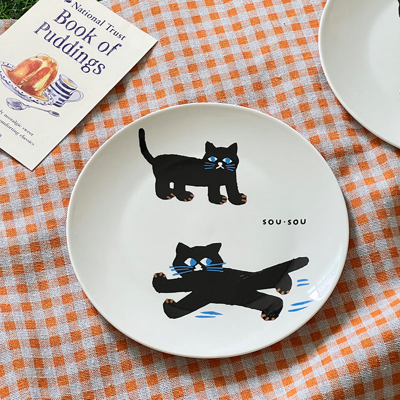 Ceramic Dinner Plate Black Cat Breakfast Household Good-looking Tableware Salad Dish