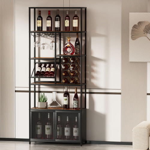 Industrial Vertical Bar Rack With Glass Shelf, Tall Freestanding Floor Bar Cabinet