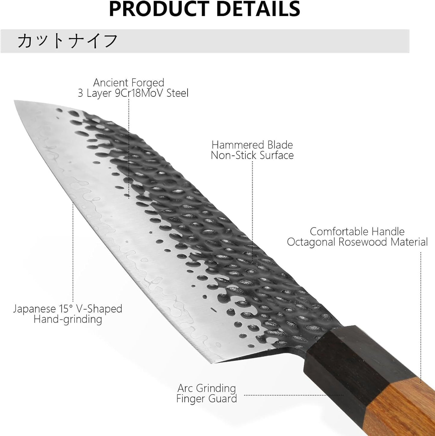 8 Inch Gyuto Knife - Professional Japanese Chef Knife - 3 Layers 9CR18MOV High Carbon Steel - Hand Hammered Blade Kitchen Knife