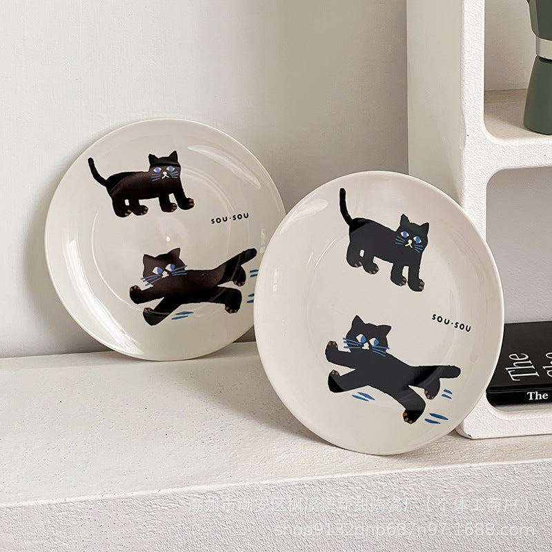 Ceramic Dinner Plate Black Cat Breakfast Household Good-looking Tableware Salad Dish