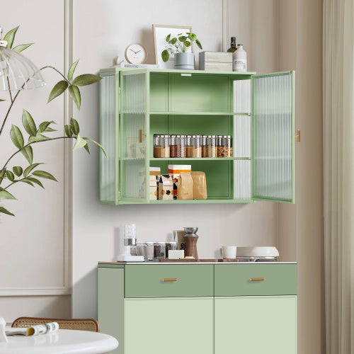 Modern Double Door Wall Cabinet with Glass Door and Three Levels of Storage