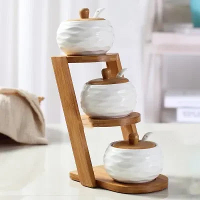 3 Piece Ceramic set with Bamboo Rack