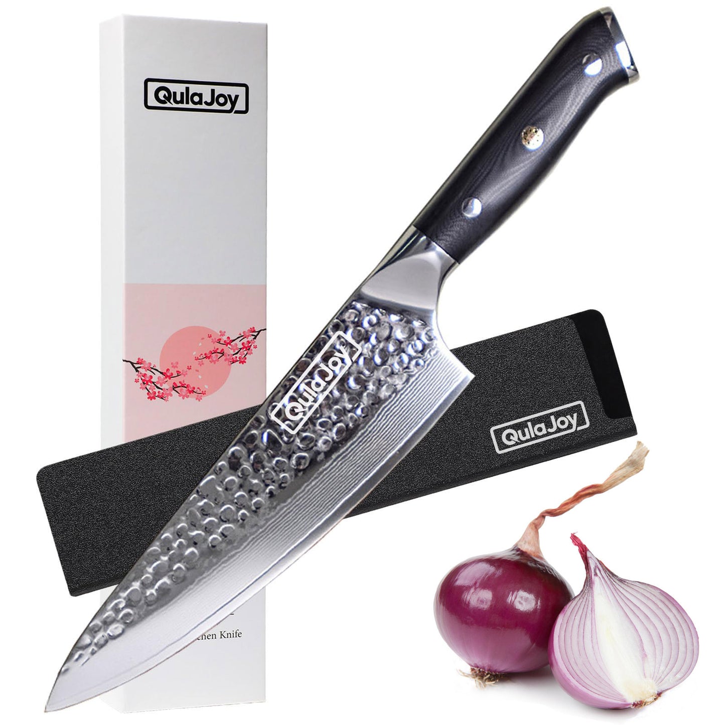 Qulajoy Chef Knife 8 Inch,Professional Japanese VG-10 Damascus 67 Layer Blade,Ultra Sharp Hammered Master Chefs Knife,Ergonomic G10 Handle,Triple Rivet And Full Tang