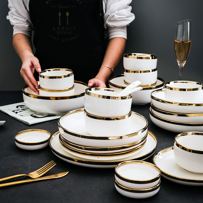 Porcelain with Gold Trim Bowls and Plates Set