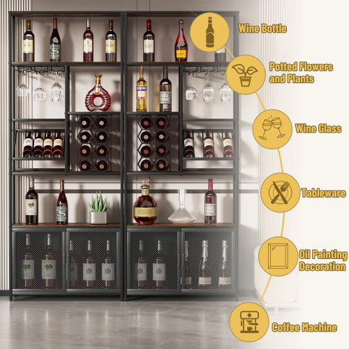 Industrial Vertical Bar Rack With Glass Shelf, Tall Freestanding Floor Bar Cabinet