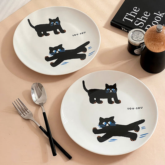 Ceramic Dinner Plate Black Cat Breakfast Household Good-looking Tableware Salad Dish